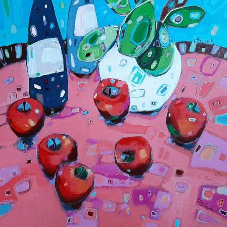 Apples on pink Table