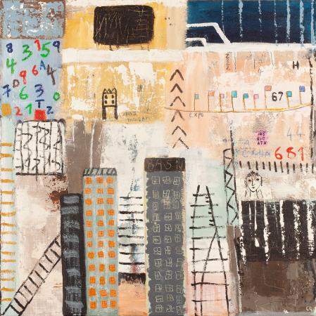 Urban Scape 76x76cm acrylic and mixed media on canvas Gall P £2,200