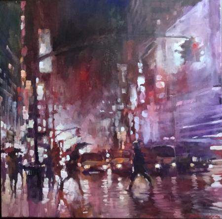 31. Crossing at 42st at 5am, Winter. Acrylic on canvas 18 inches x 18 inches $1100.